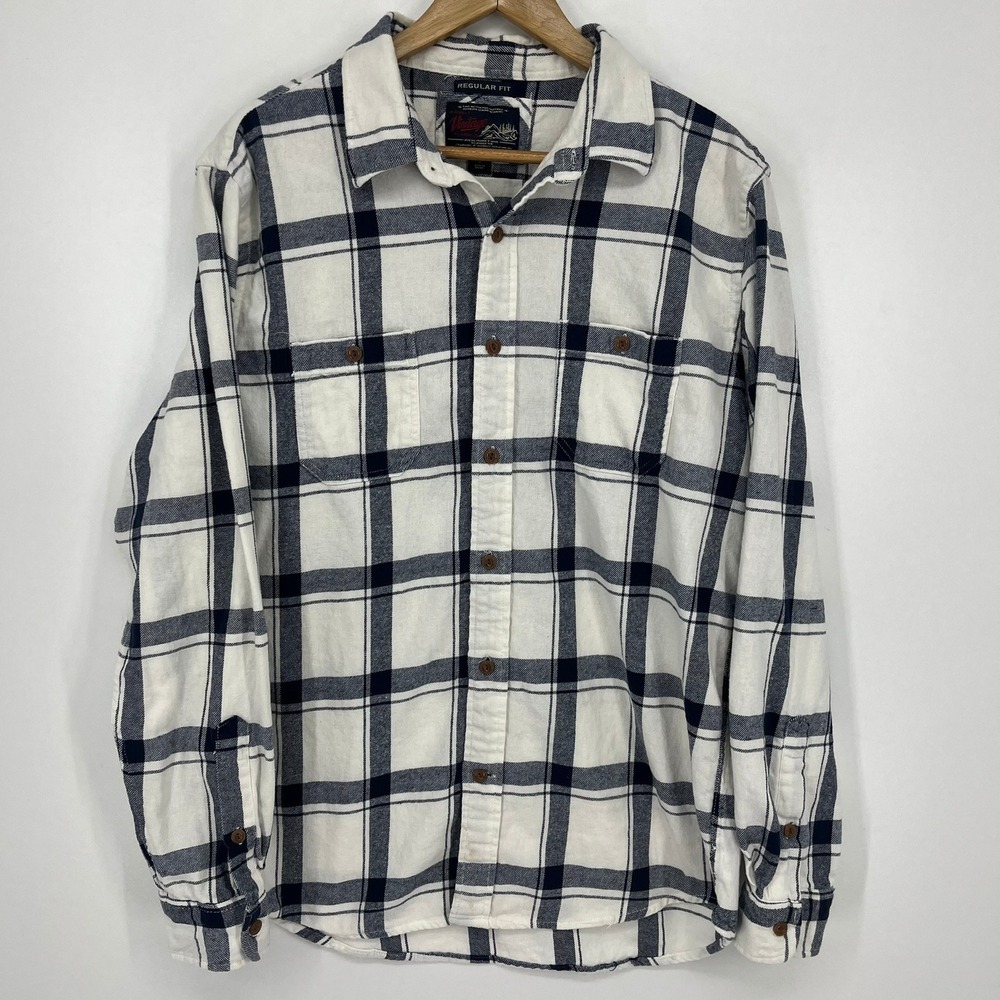 Old Navy Vintage Flannels Mens Large Regular Fit Navy White Plaid Button Down